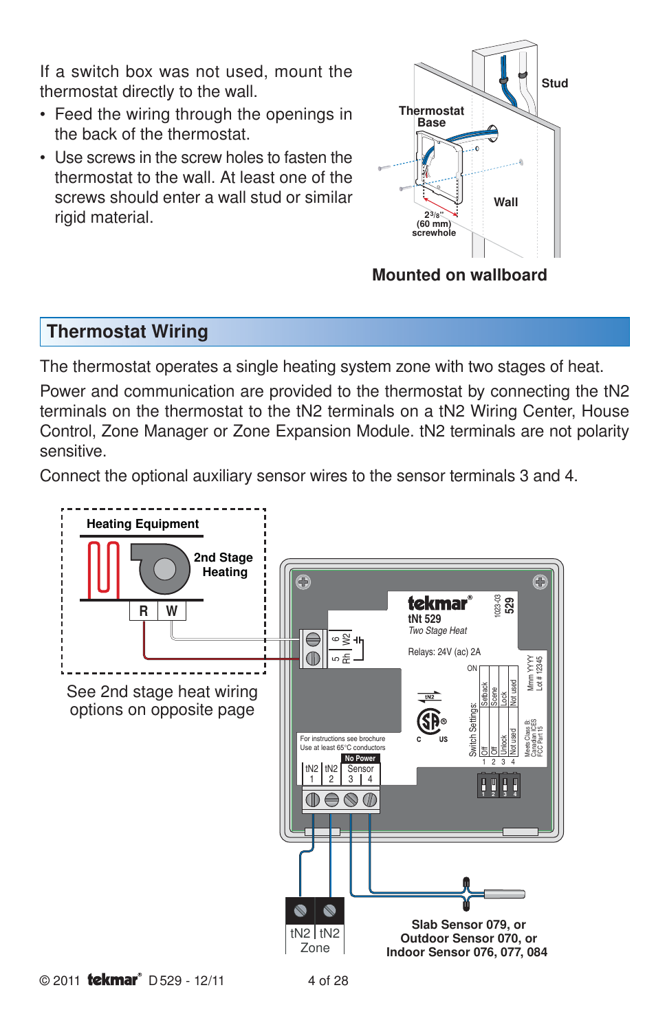 Thermostat wiring, Mounted on wallboard, See 2nd stage heat wiring options on opposite page | Tn2 zone tn2 | tekmar 529 Thermostat Installation User Manual | Page 4 / 28