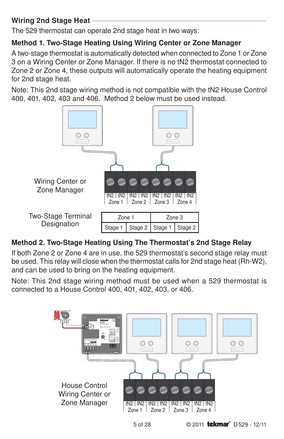 Wiring 2nd stage heat | tekmar 529 Thermostat Installation User Manual | Page 5 / 28
