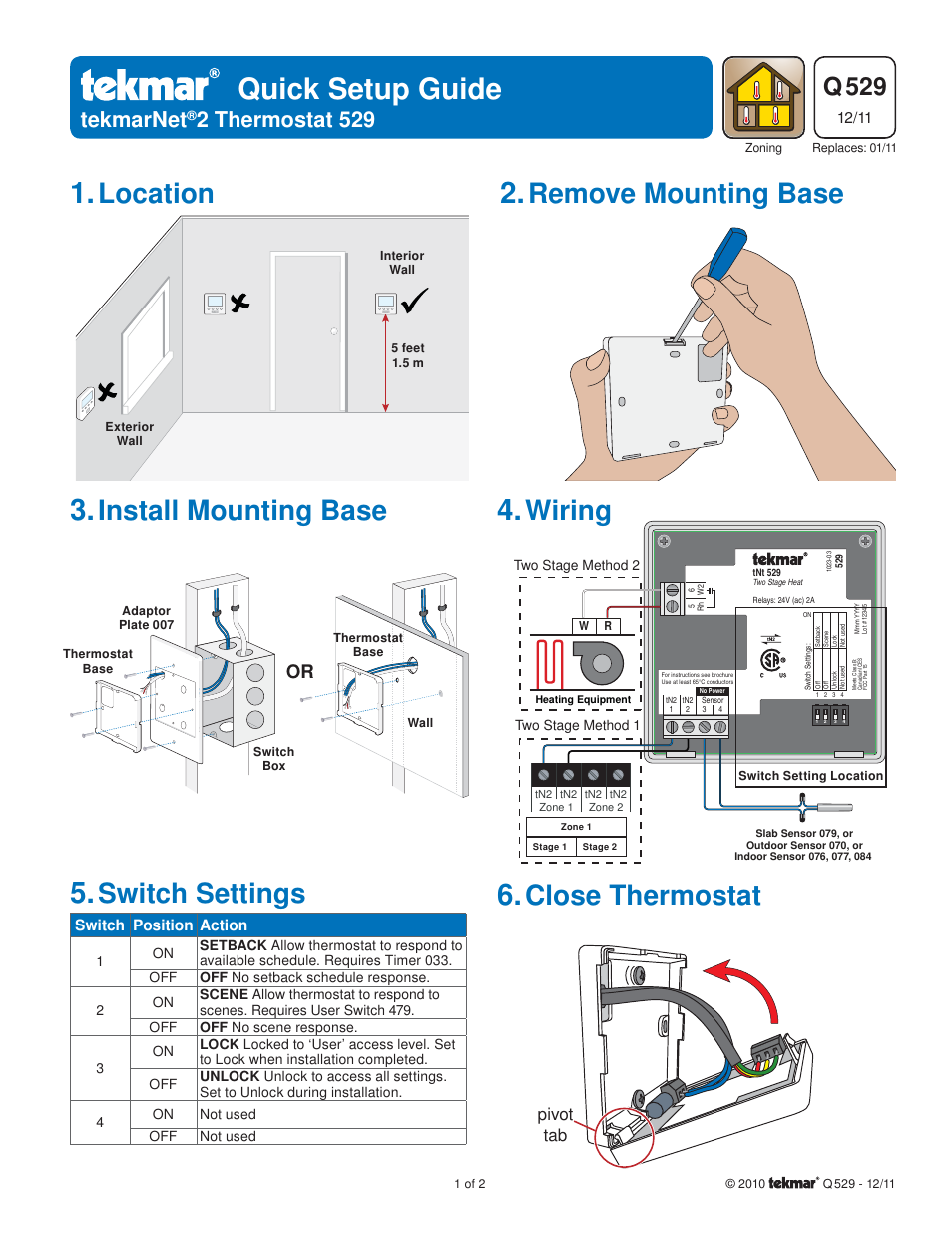 tekmar 529 Thermostat Quick Start User Manual | 2 pages