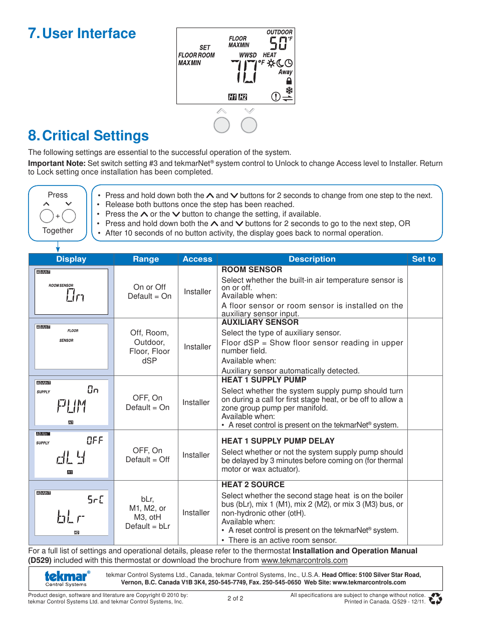 User interface, Critical settings | tekmar 529 Thermostat Quick Start User Manual | Page 2 / 2