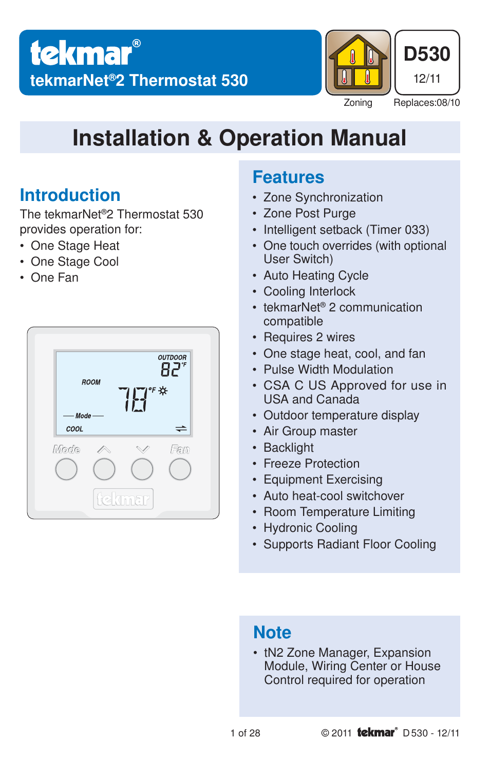 tekmar 530 Thermostat Installation User Manual | 28 pages