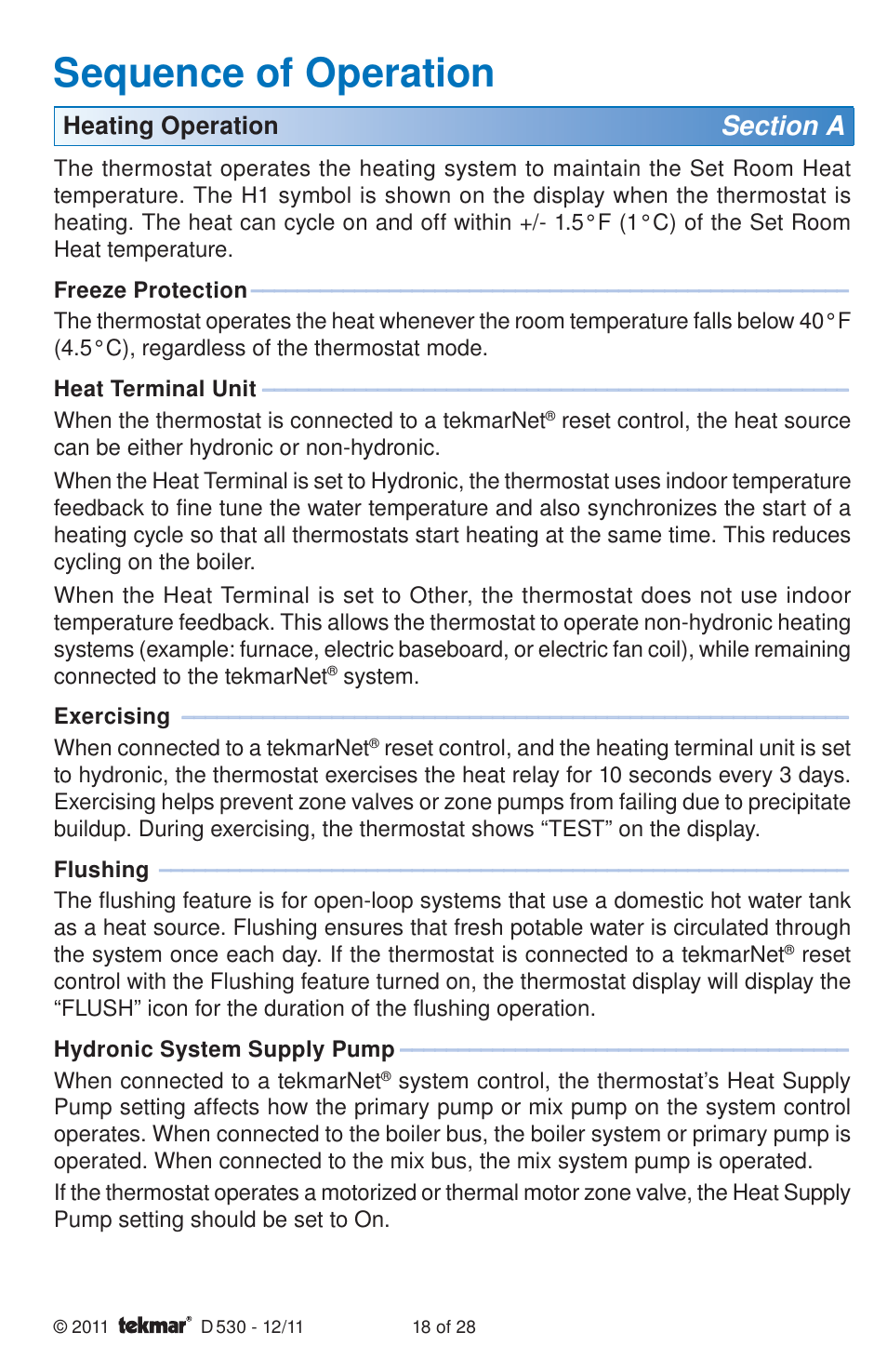 Sequence of operation | tekmar 530 Thermostat Installation User Manual | Page 18 / 28