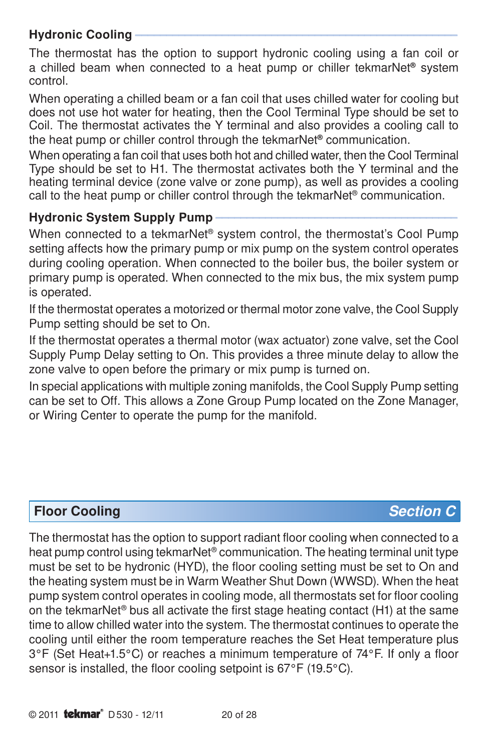 Floor cooling | tekmar 530 Thermostat Installation User Manual | Page 20 / 28