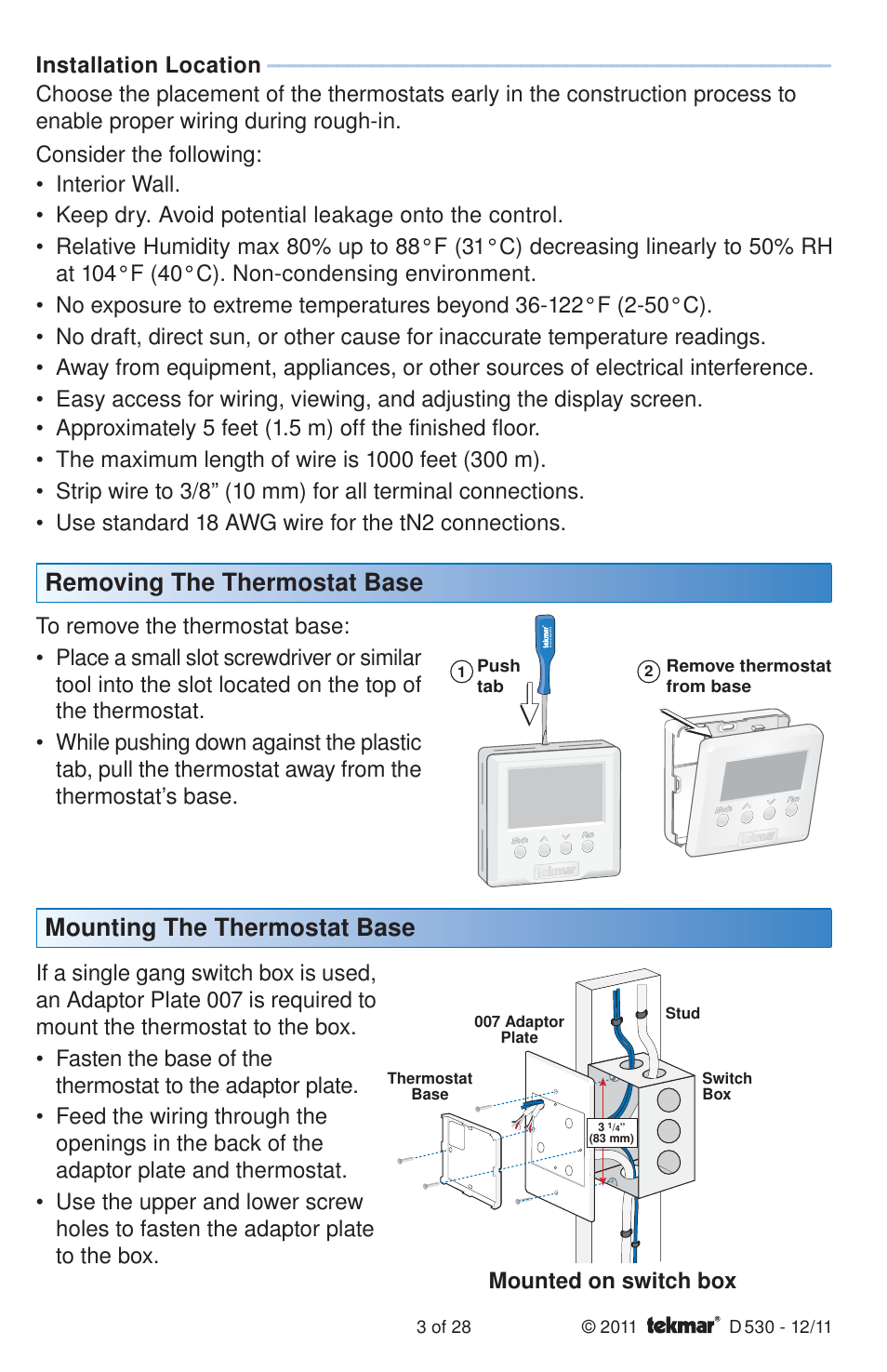 Removing the thermostat base, Mounting the thermostat base | tekmar 530 Thermostat Installation User Manual | Page 3 / 28