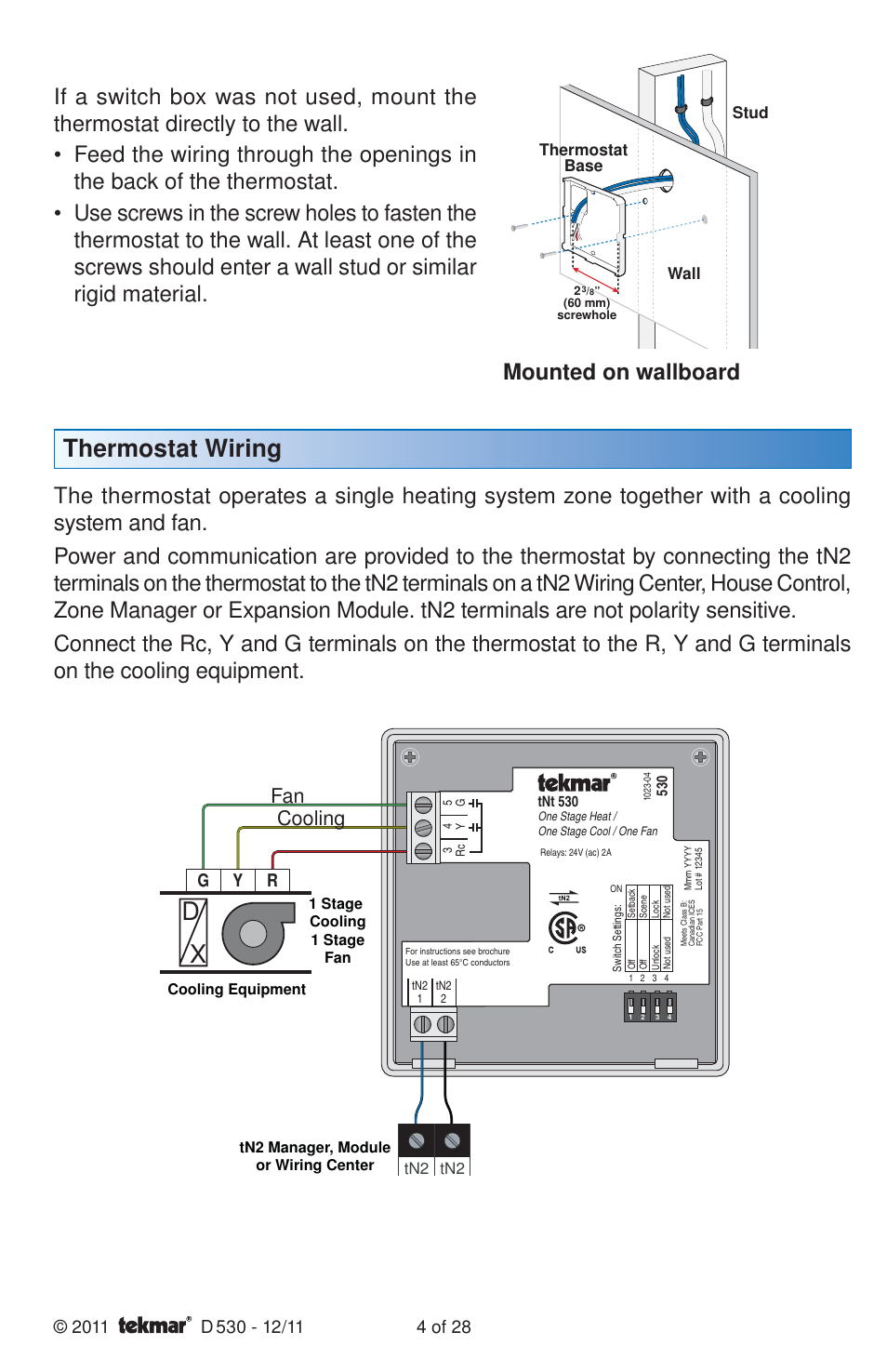 Thermostat wiring, Mounted on wallboard, Fan cooling | Gy r | tekmar 530 Thermostat Installation User Manual | Page 4 / 28