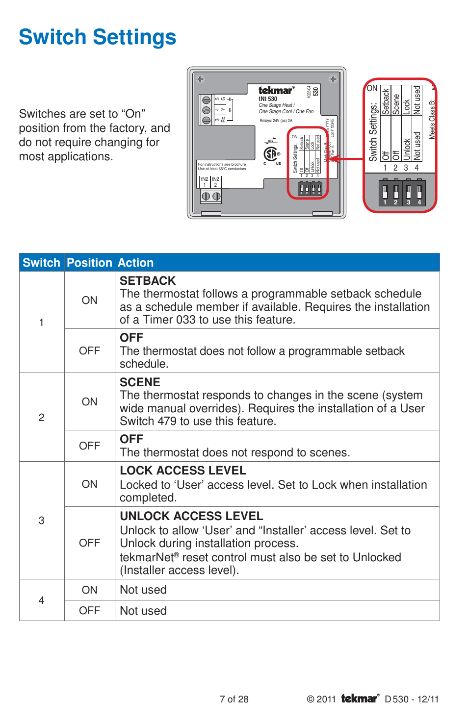 Switch settings, Switch position action, Off the thermostat does not respond to scenes | Not used, Switch se ttings | tekmar 530 Thermostat Installation User Manual | Page 7 / 28