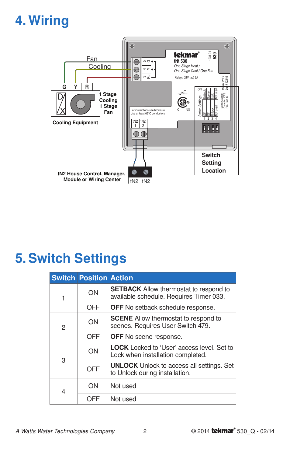 Wiring 5. switch settings, Switch position action, Fan cooling | Gy r, Switch setting location | tekmar 530 Thermostat Quick Start User Manual | Page 2 / 12
