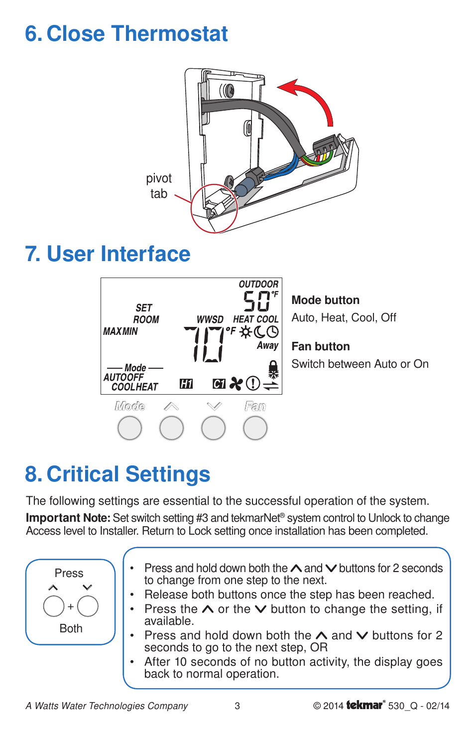 Close thermostat, Critical settings, User interface | tekmar 530 Thermostat Quick Start User Manual | Page 3 / 12
