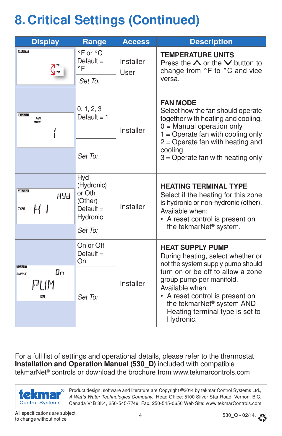 Critical settings (continued) | tekmar 530 Thermostat Quick Start User Manual | Page 4 / 12