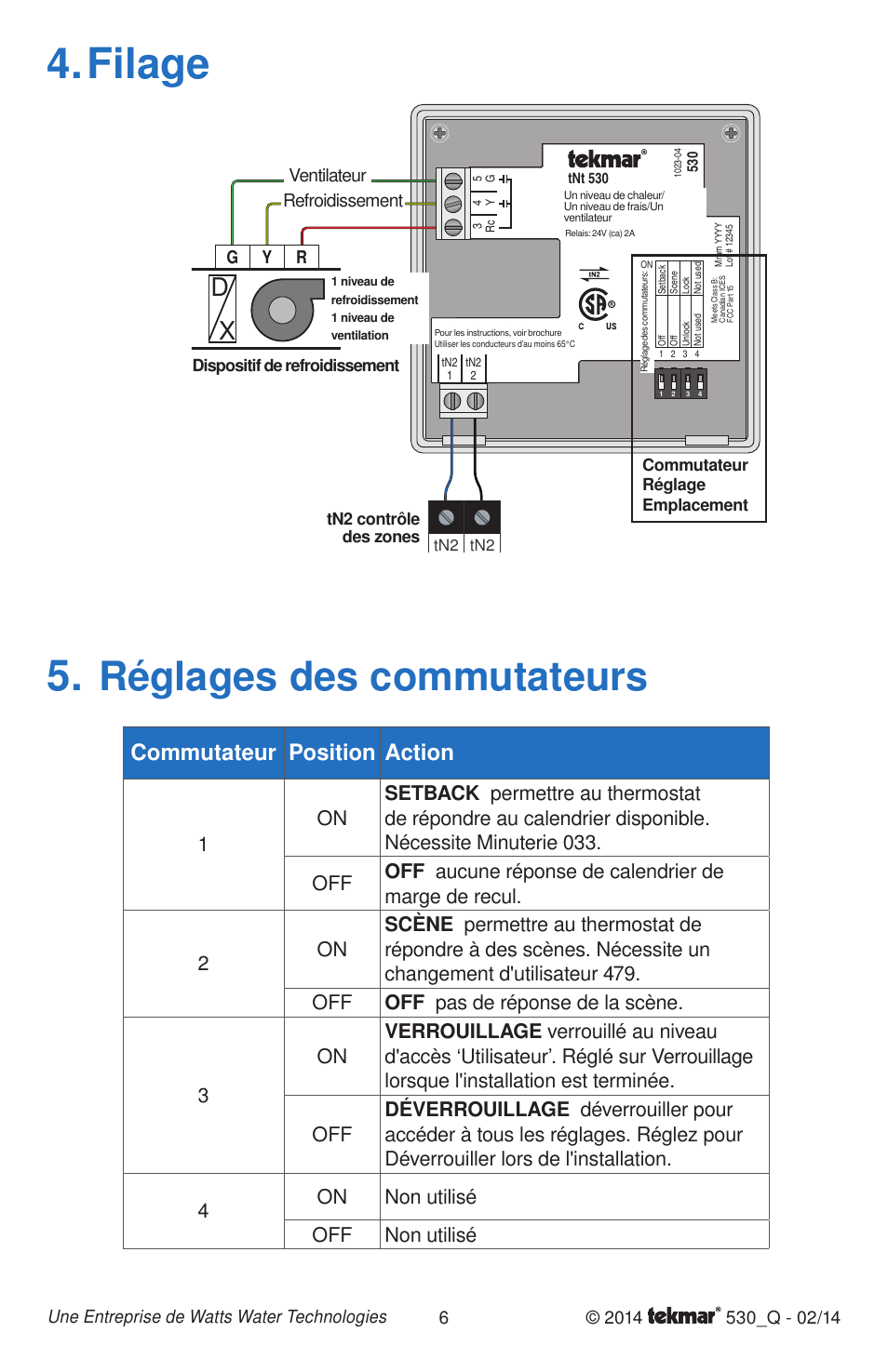 Filage 5, Réglages des commutateurs, Commutateur position action | Fan cooling, Gy r, Ventilateur refroidissement | tekmar 530 Thermostat Quick Start User Manual | Page 6 / 12