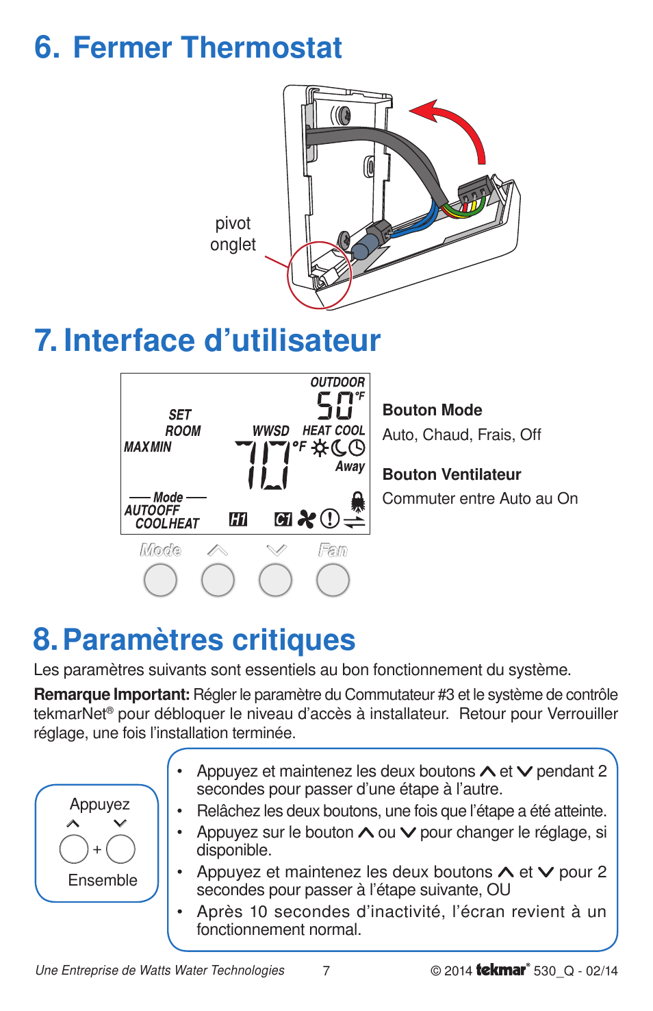 Interface d’utilisateur, Fermer thermostat, Paramètres critiques | tekmar 530 Thermostat Quick Start User Manual | Page 7 / 12