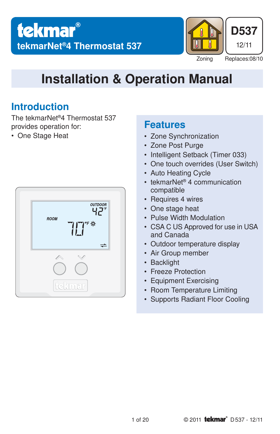 tekmar 537 Thermostat Installation User Manual | 20 pages