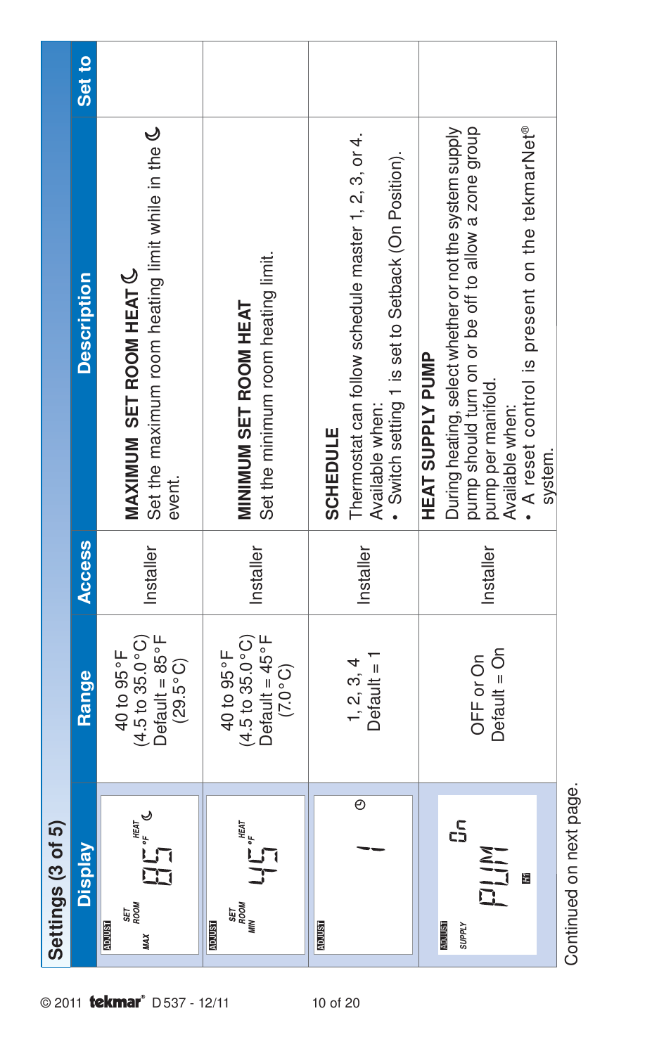 tekmar 537 Thermostat Installation User Manual | Page 10 / 20