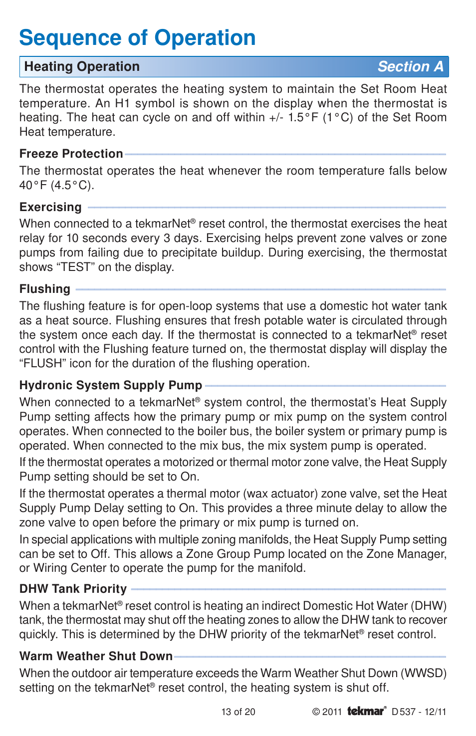 Sequence of operation | tekmar 537 Thermostat Installation User Manual | Page 13 / 20