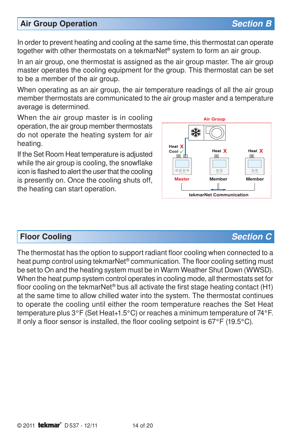 Air group operation, Floor cooling | tekmar 537 Thermostat Installation User Manual | Page 14 / 20