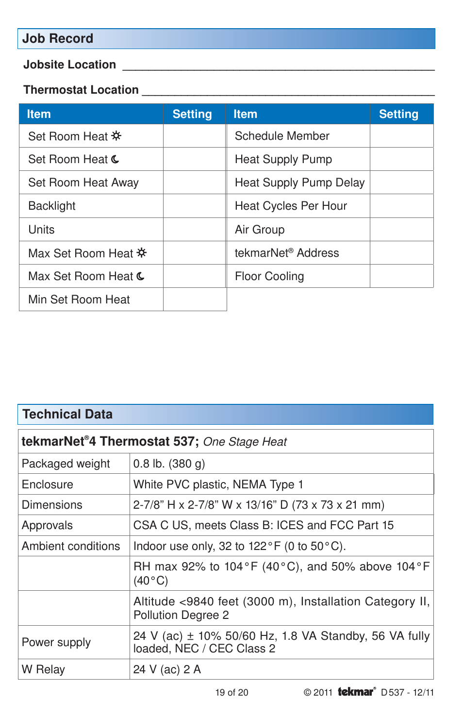 tekmar 537 Thermostat Installation User Manual | Page 19 / 20