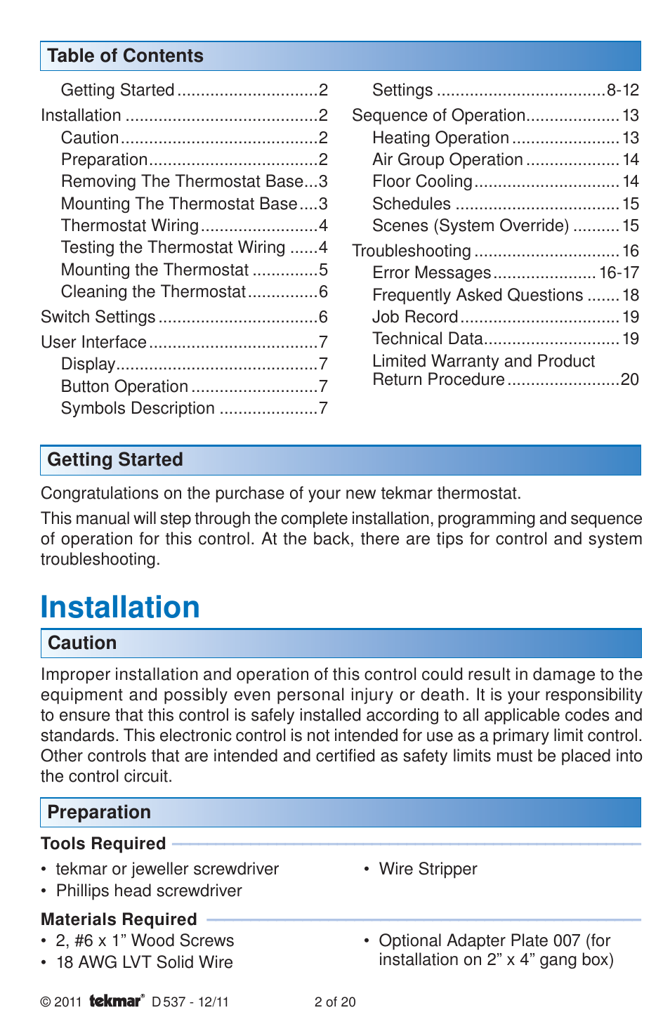 Installation | tekmar 537 Thermostat Installation User Manual | Page 2 / 20