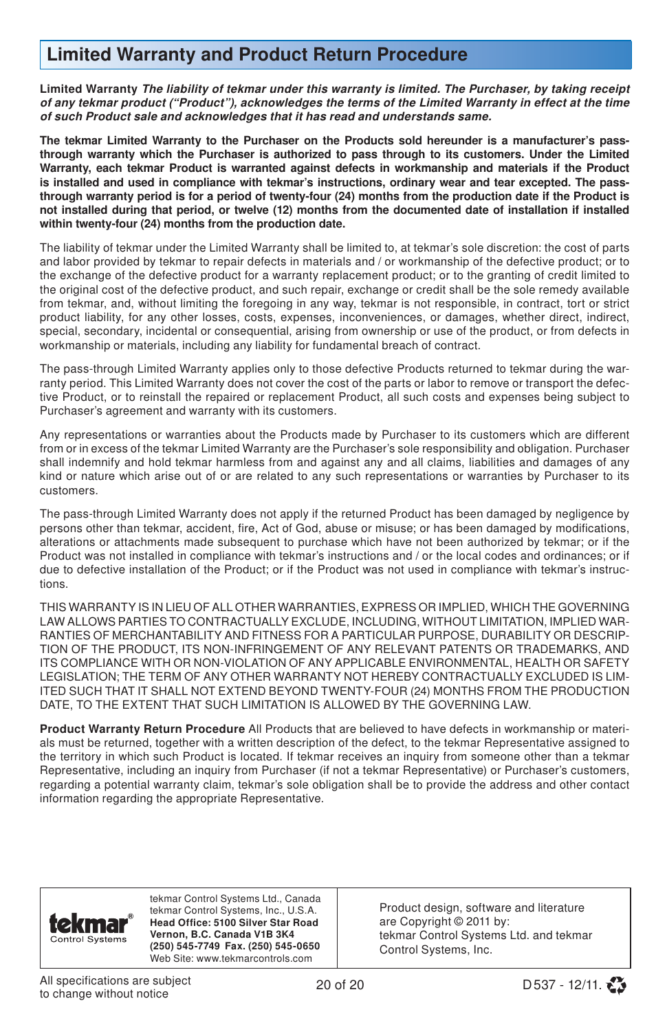 Limited warranty and product return procedure | tekmar 537 Thermostat Installation User Manual | Page 20 / 20