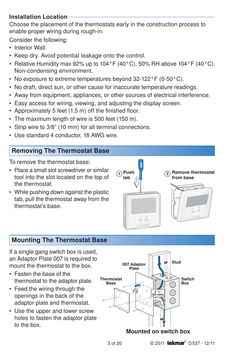 Removing the thermostat base, Mounting the thermostat base | tekmar 537 Thermostat Installation User Manual | Page 3 / 20