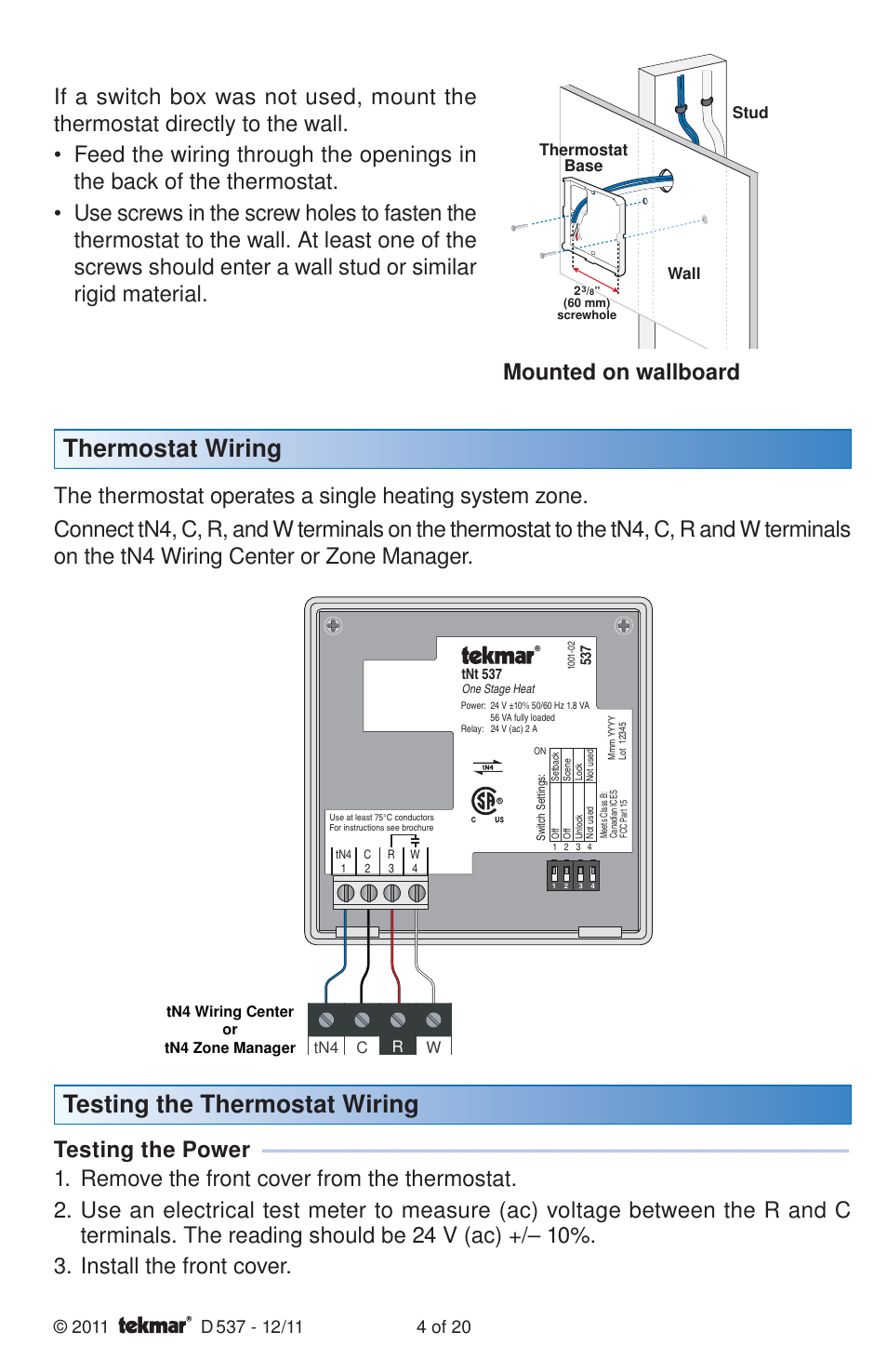 Thermostat wiring, Testing the thermostat wiring, Mounted on wallboard | Testing the power | tekmar 537 Thermostat Installation User Manual | Page 4 / 20