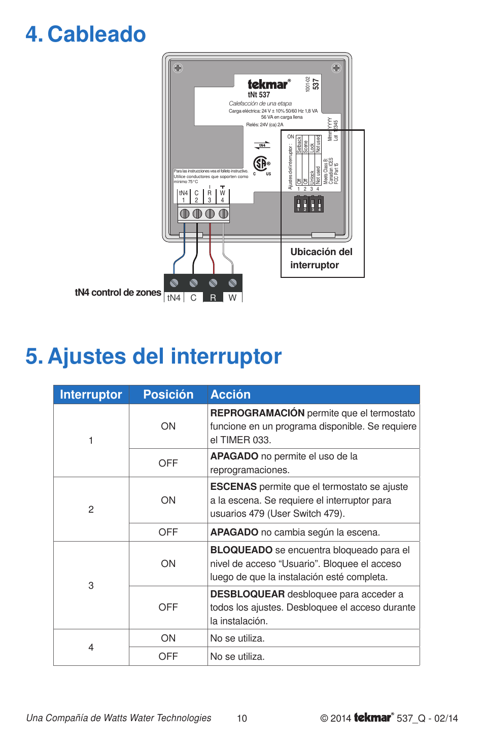 Cableado 5. ajustes del interruptor, Interruptor posición acción, Ubicación del interruptor tn4 control de zones | tekmar 537 Thermostat Quick Start User Manual | Page 10 / 12