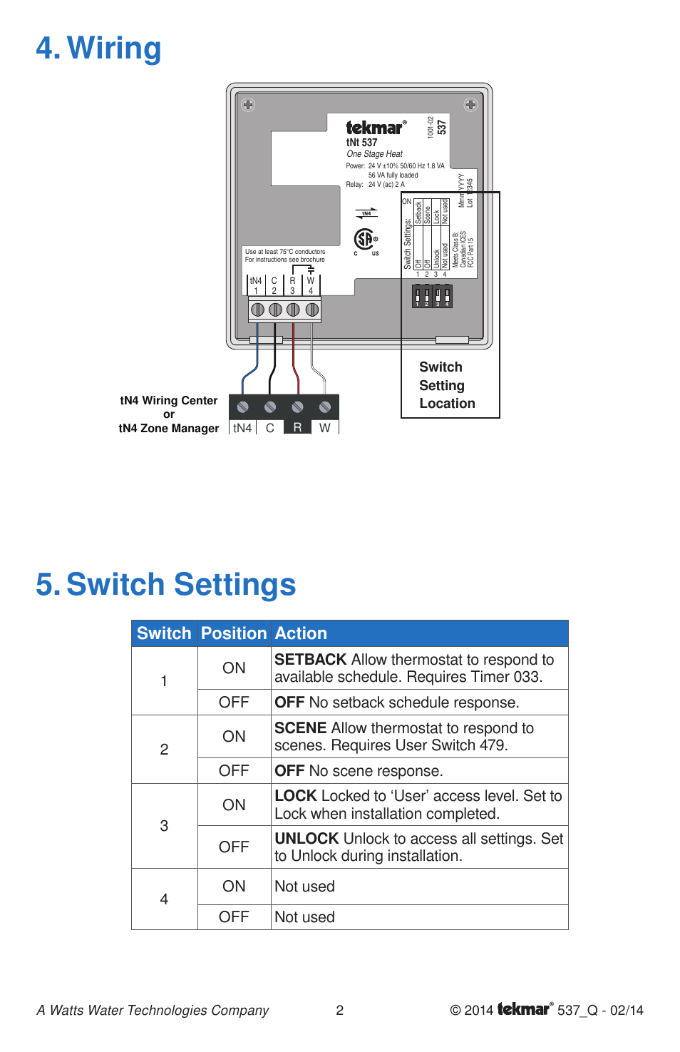 Wiring 5. switch settings, Switch position action, Switch setting location | tekmar 537 Thermostat Quick Start User Manual | Page 2 / 12