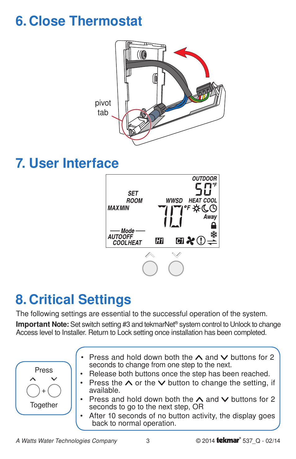 Close thermostat, Critical settings, User interface | tekmar 537 Thermostat Quick Start User Manual | Page 3 / 12