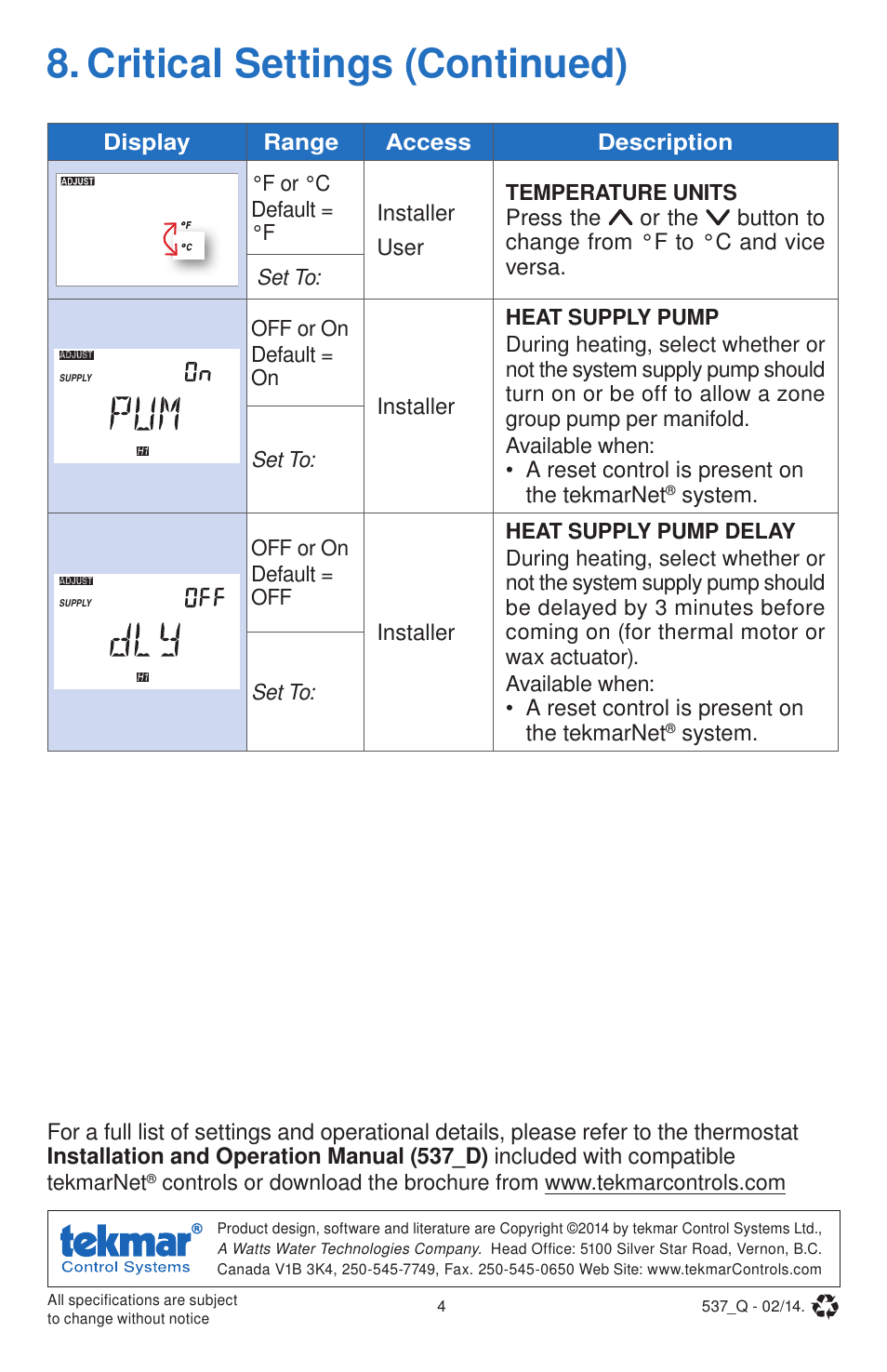 Critical settings (continued), Display range access description, Installer user | Installer, A reset control is present on the tekmarnet, System | tekmar 537 Thermostat Quick Start User Manual | Page 4 / 12