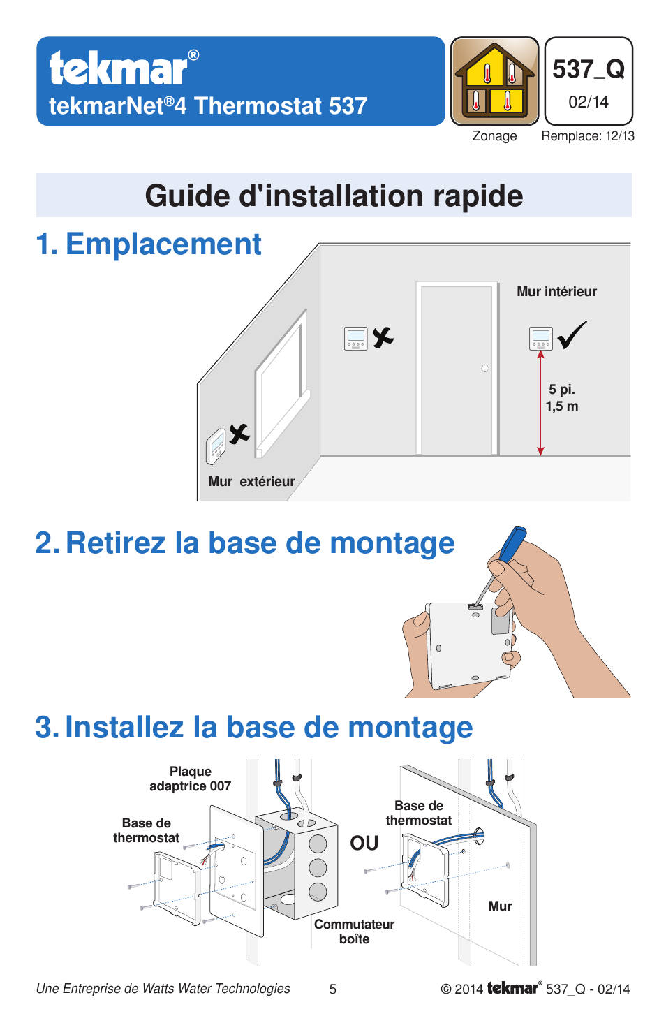 Guide d'installation rapide, 537_q, Tekmarnet | 4 thermostat 537 | tekmar 537 Thermostat Quick Start User Manual | Page 5 / 12
