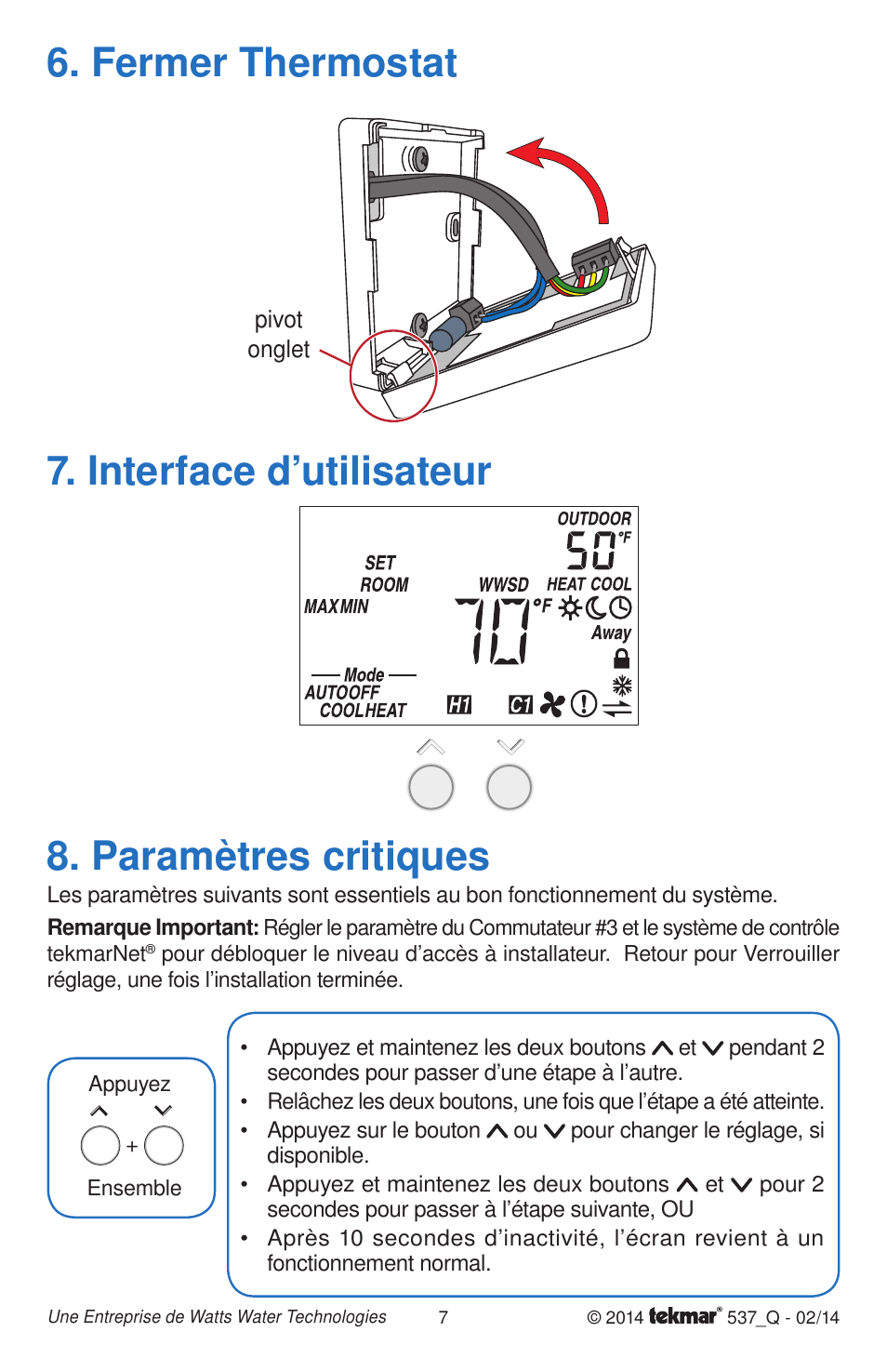 Fermer thermostat, Paramètres critiques, Interface d’utilisateur | tekmar 537 Thermostat Quick Start User Manual | Page 7 / 12