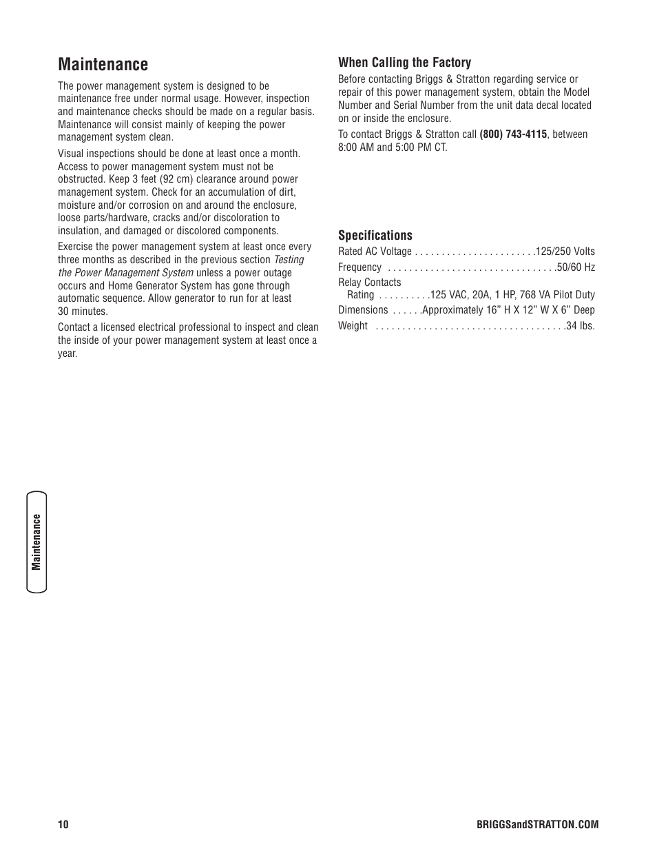 Maintenance, Specifications, Mantenimiento | Especificaciones, Entretien, Caractéristiques | Briggs & Stratton 71013 User Manual | Page 12 / 44