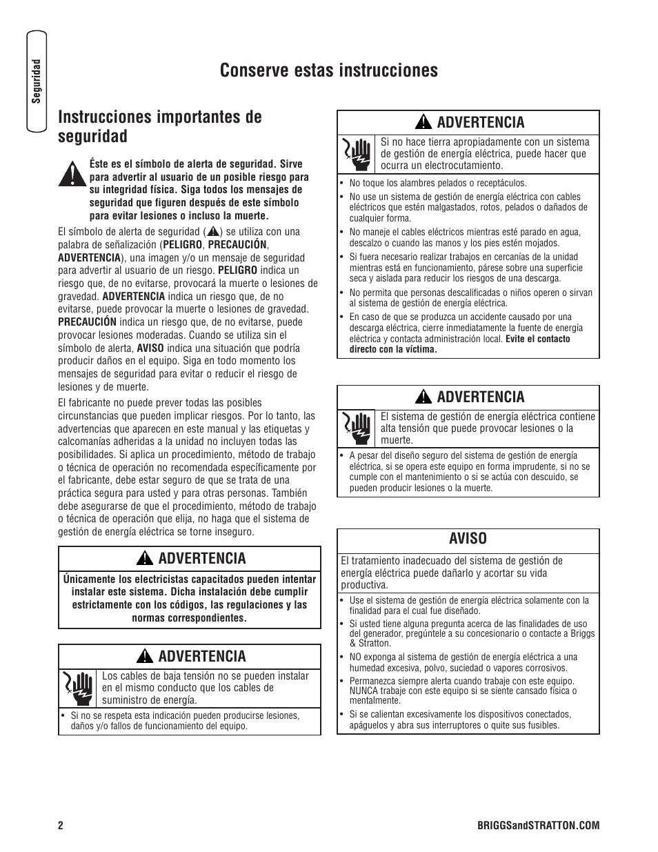 Conserve estas instrucciones, Instrucciones importantes de seguridad, Advertencia | Aviso | Briggs & Stratton 71013 User Manual | Page 20 / 44