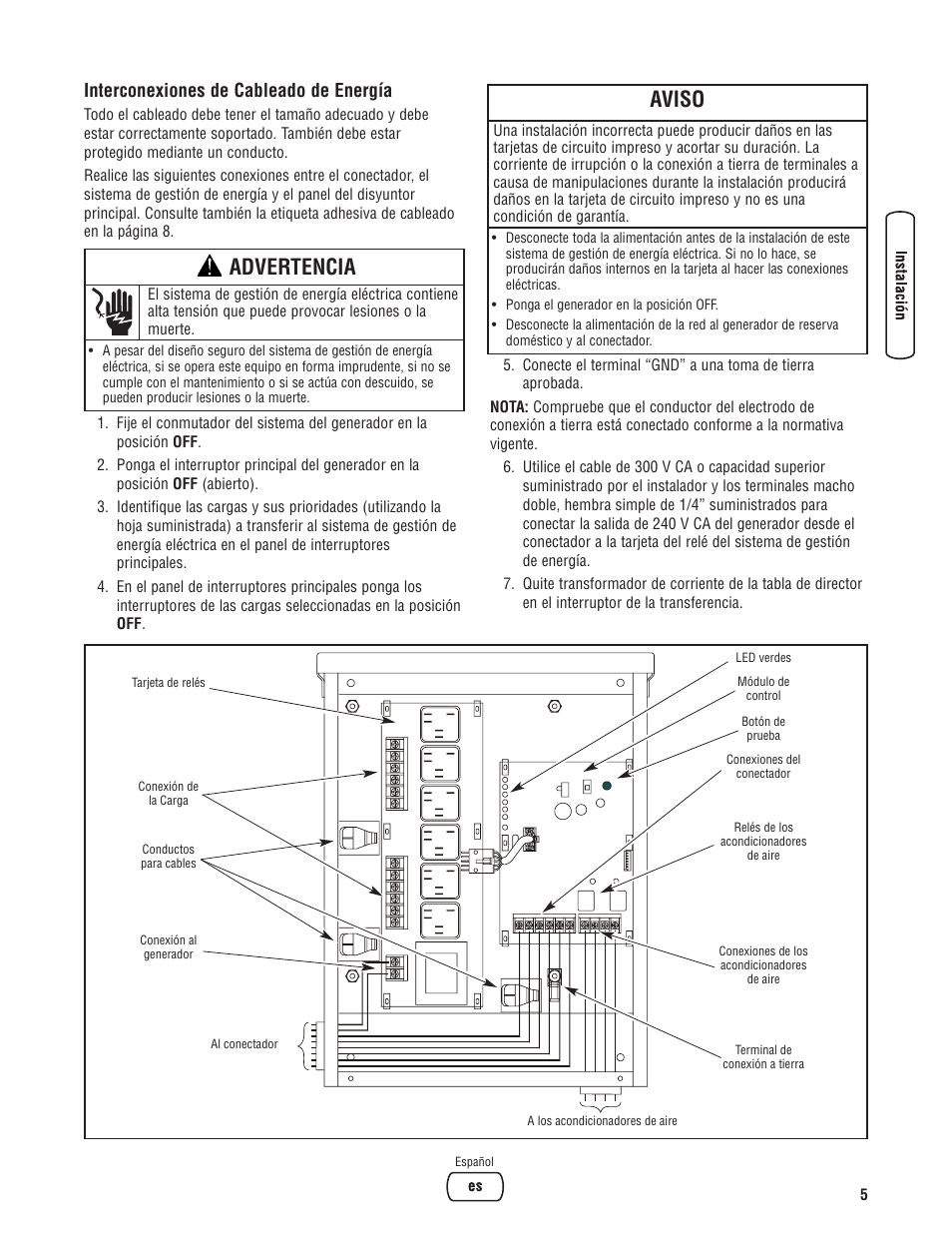 Advertencia, Aviso, Interconexiones de cableado de energía | Briggs & Stratton 71013 User Manual | Page 23 / 44