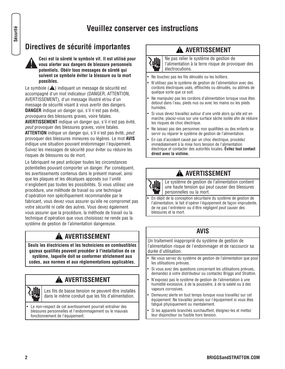 Veuillez conserver ces instructions, Directives de sécurité importantes, Avertissement | Avis | Briggs & Stratton 71013 User Manual | Page 34 / 44