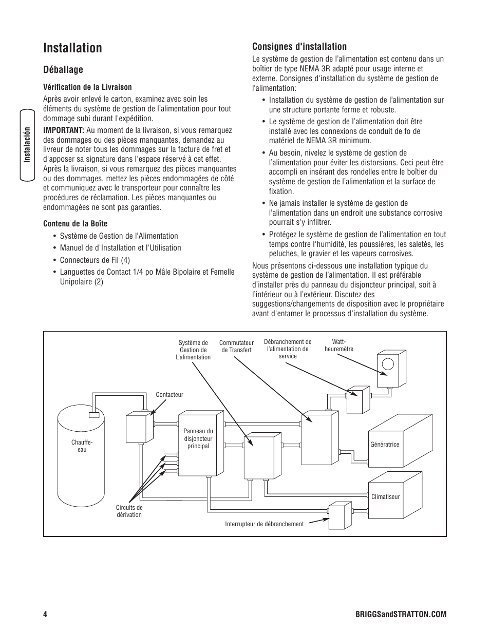 Installation, Déballage, Consignes d'installation | Briggs & Stratton 71013 User Manual | Page 36 / 44