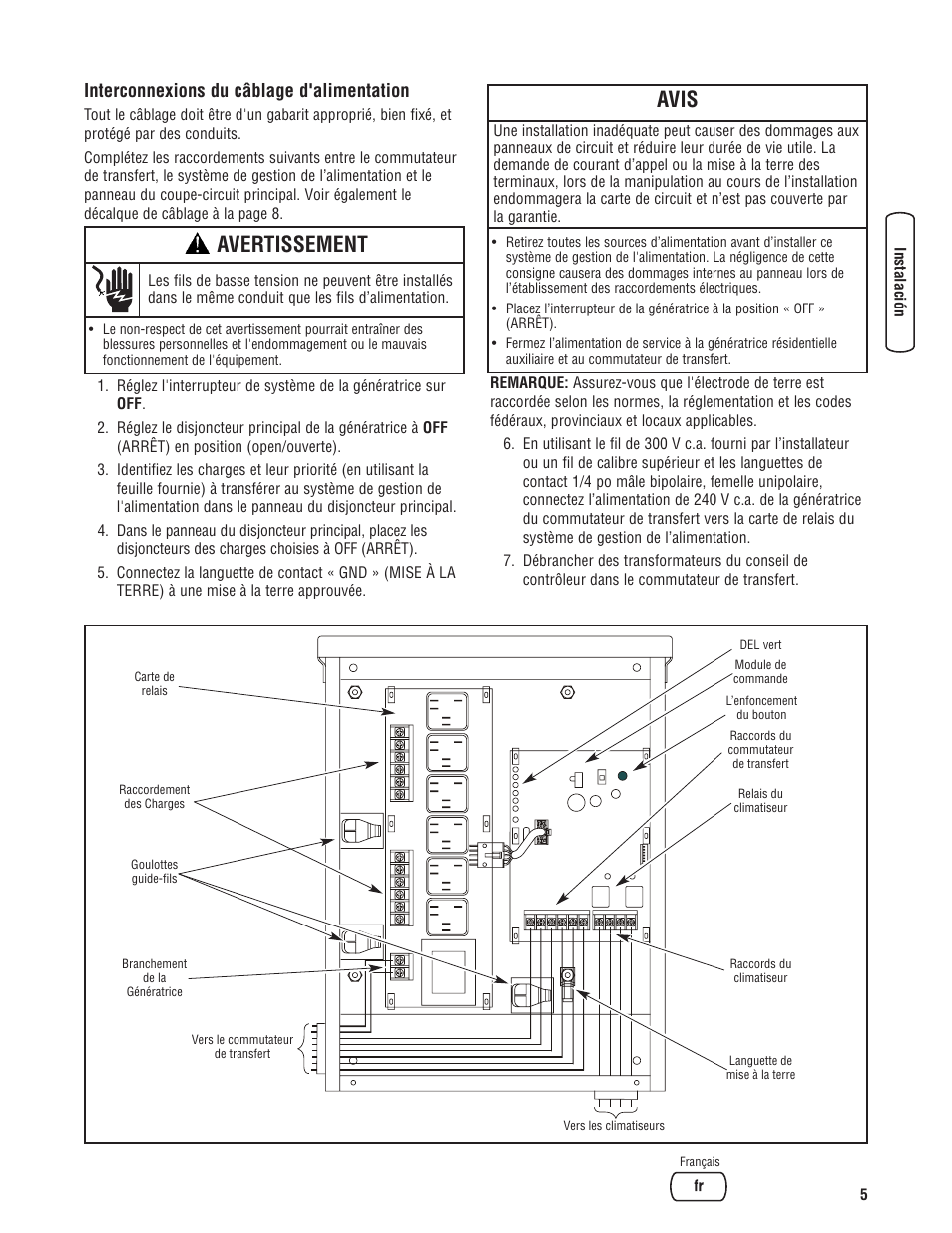 Avertissement, Avis, Interconnexions du câblage d'alimentation | Briggs & Stratton 71013 User Manual | Page 37 / 44