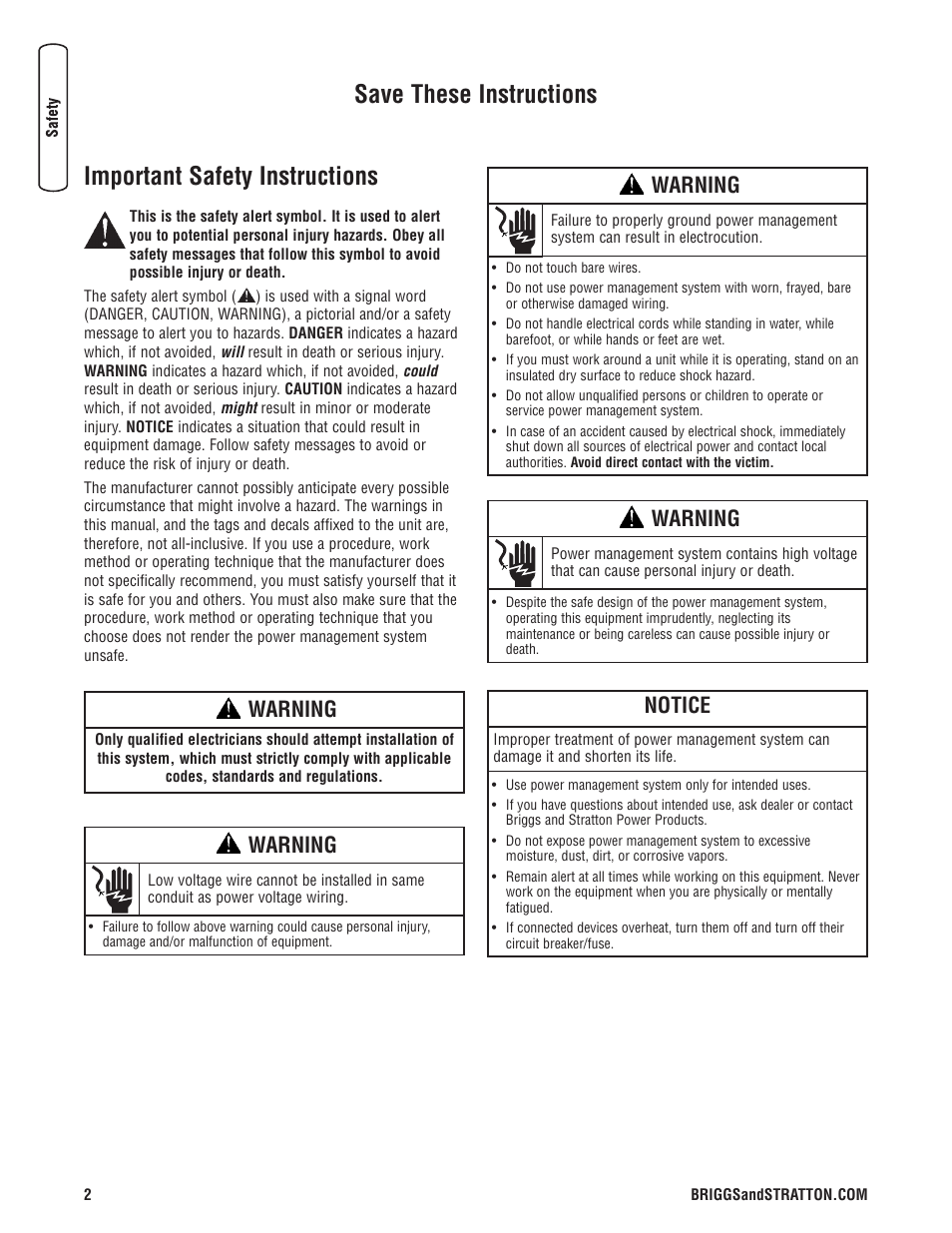 Important safety instructions, Save these instructions, Notice | Warning | Briggs & Stratton 71013 User Manual | Page 4 / 44