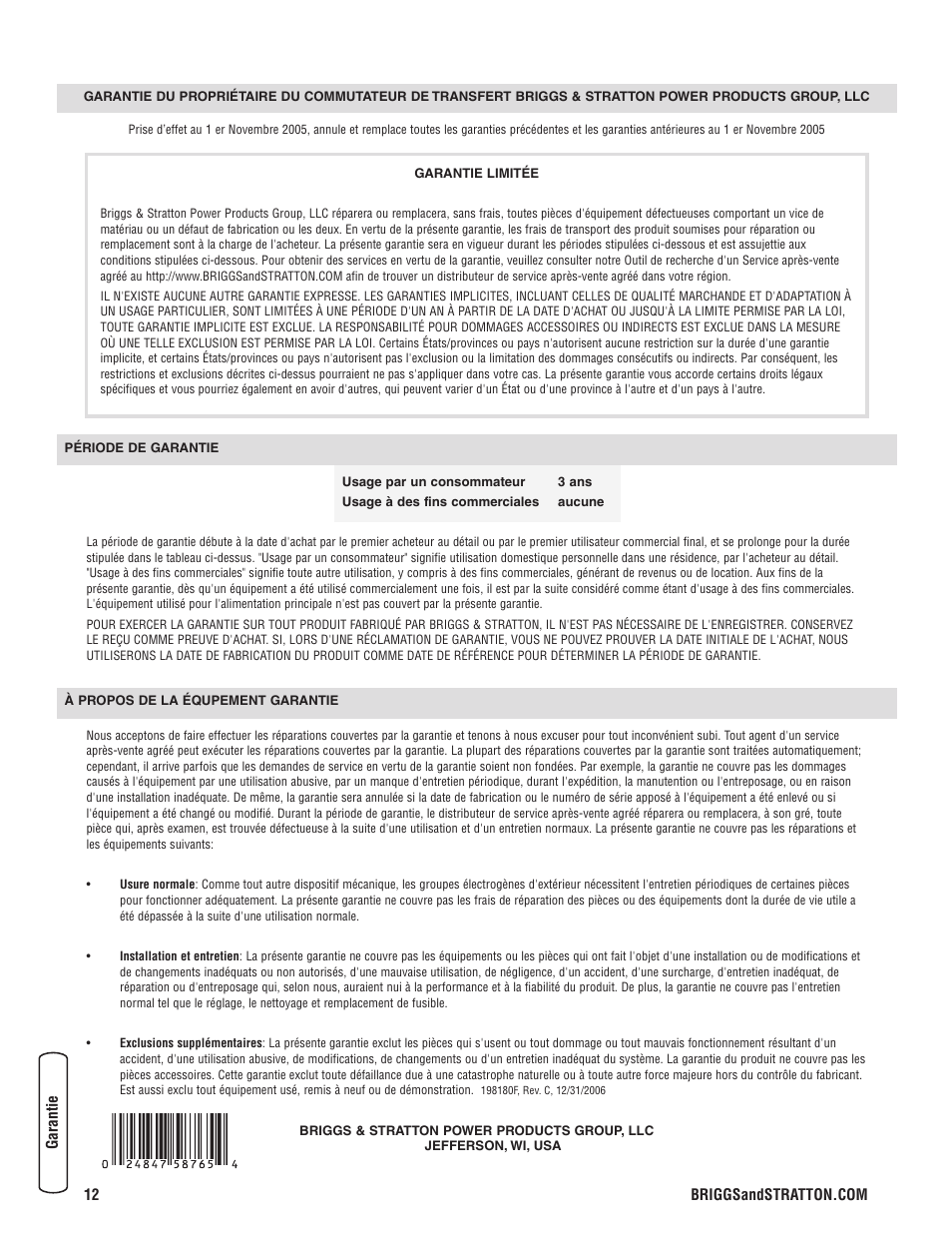 Garantie | Briggs & Stratton 71013 User Manual | Page 44 / 44