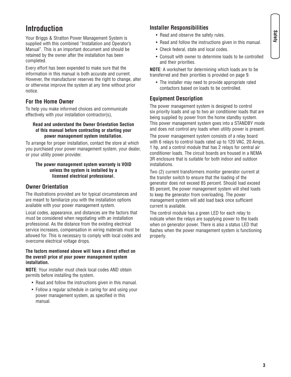 Owner orientation, Installer responsibilities, Equipment description | Orientación para el propietario, Responsabilidades del instal, Descripción del equipo, Conseils au propriétaire, Responsabilités de l'install, Description de l'équipement, Introduction | Briggs & Stratton 71013 User Manual | Page 5 / 44