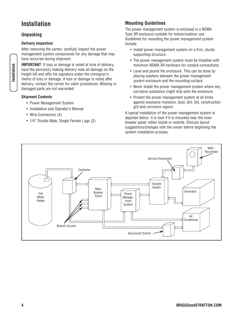 Installation, Unpacking, Mounting guidelines | Instalacion, Desempaque, Pautas de montaje, Déballage, Consignes d'installation, Unpacking mounting guidelines | Briggs & Stratton 71013 User Manual | Page 6 / 44