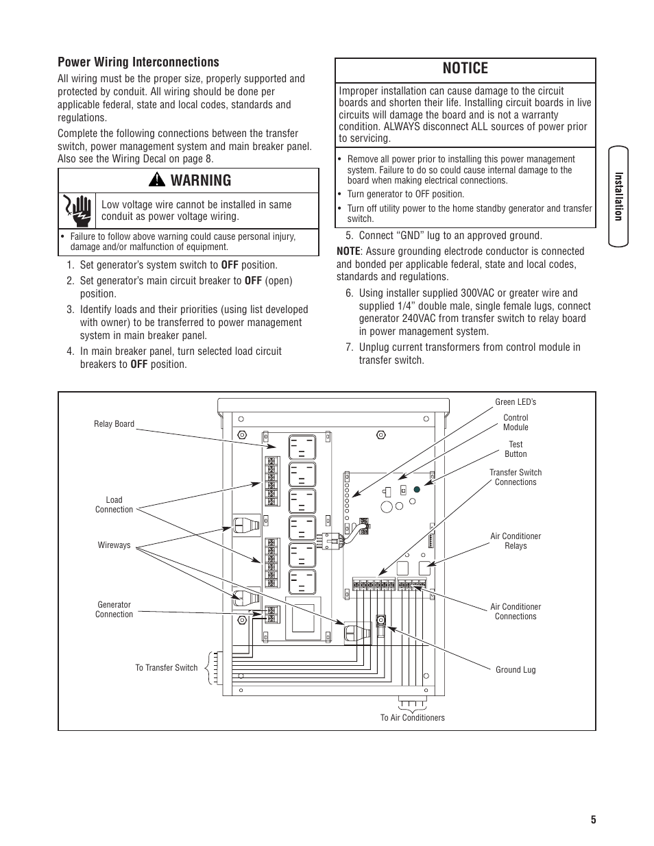 Power wiring interconnections, Interconexiones de cableado, Interconnexions du câblage d | Warning, Notice | Briggs & Stratton 71013 User Manual | Page 7 / 44