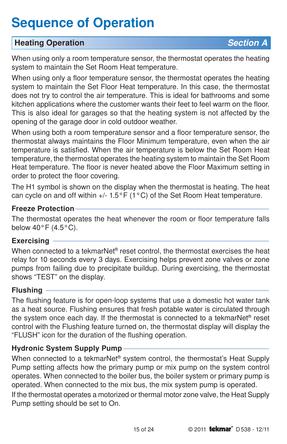 Sequence of operation | tekmar 538 Thermostat Installation User Manual | Page 15 / 24
