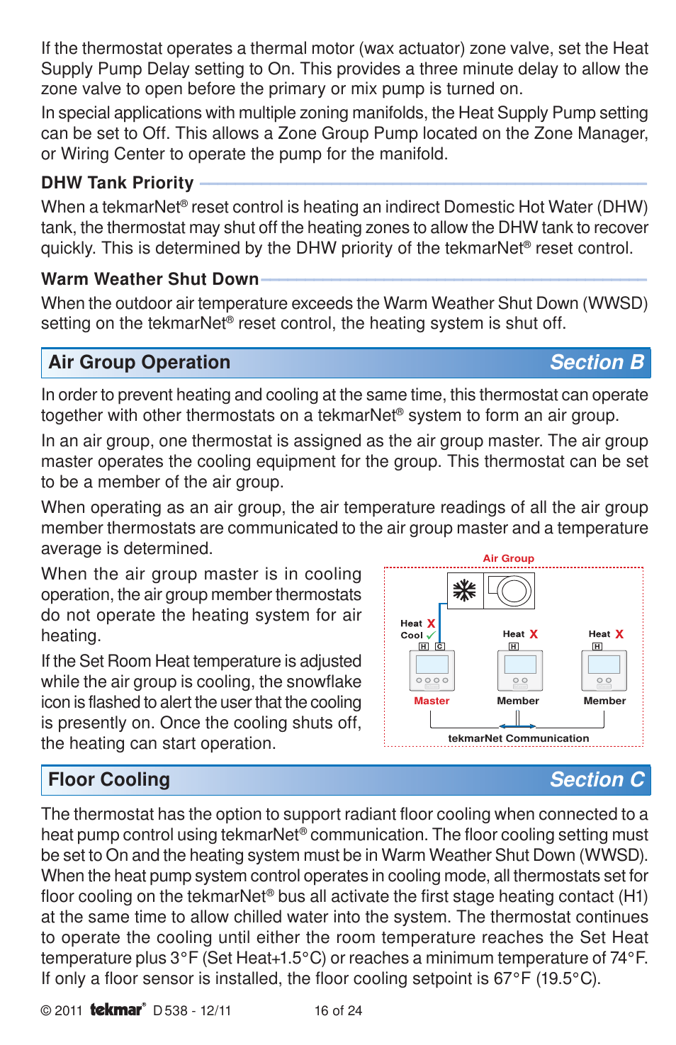 Air group operation, Floor cooling | tekmar 538 Thermostat Installation User Manual | Page 16 / 24