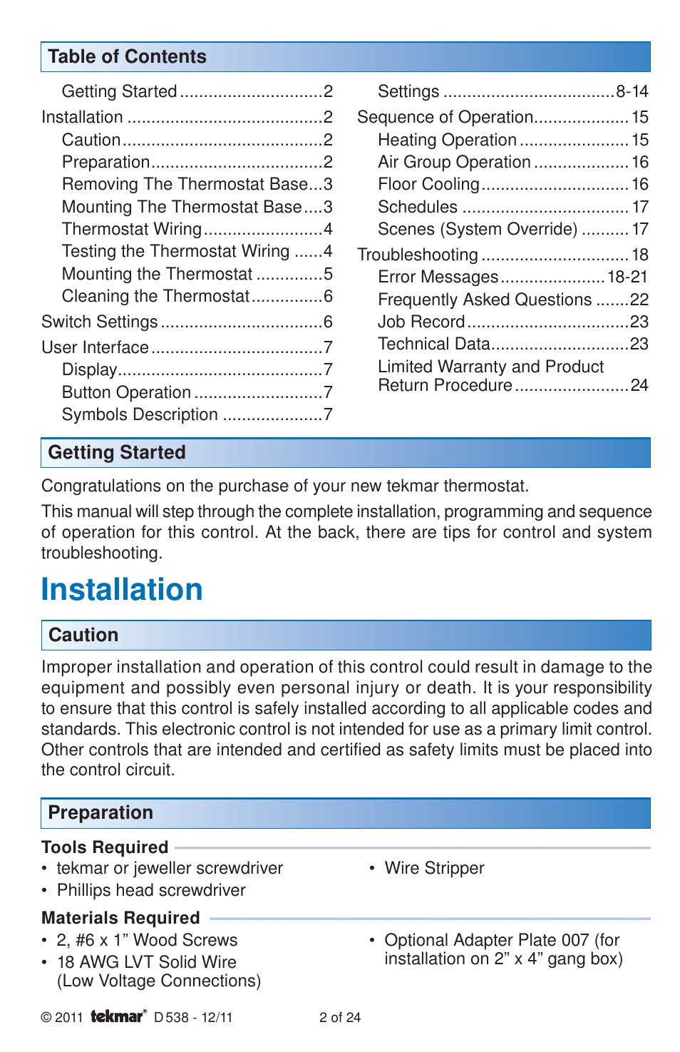Installation | tekmar 538 Thermostat Installation User Manual | Page 2 / 24
