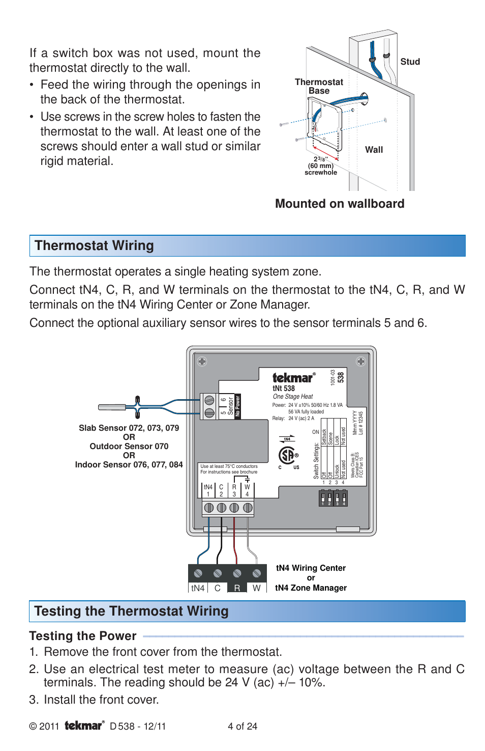 Thermostat wiring, Testing the thermostat wiring, Mounted on wallboard | Testing the power | tekmar 538 Thermostat Installation User Manual | Page 4 / 24