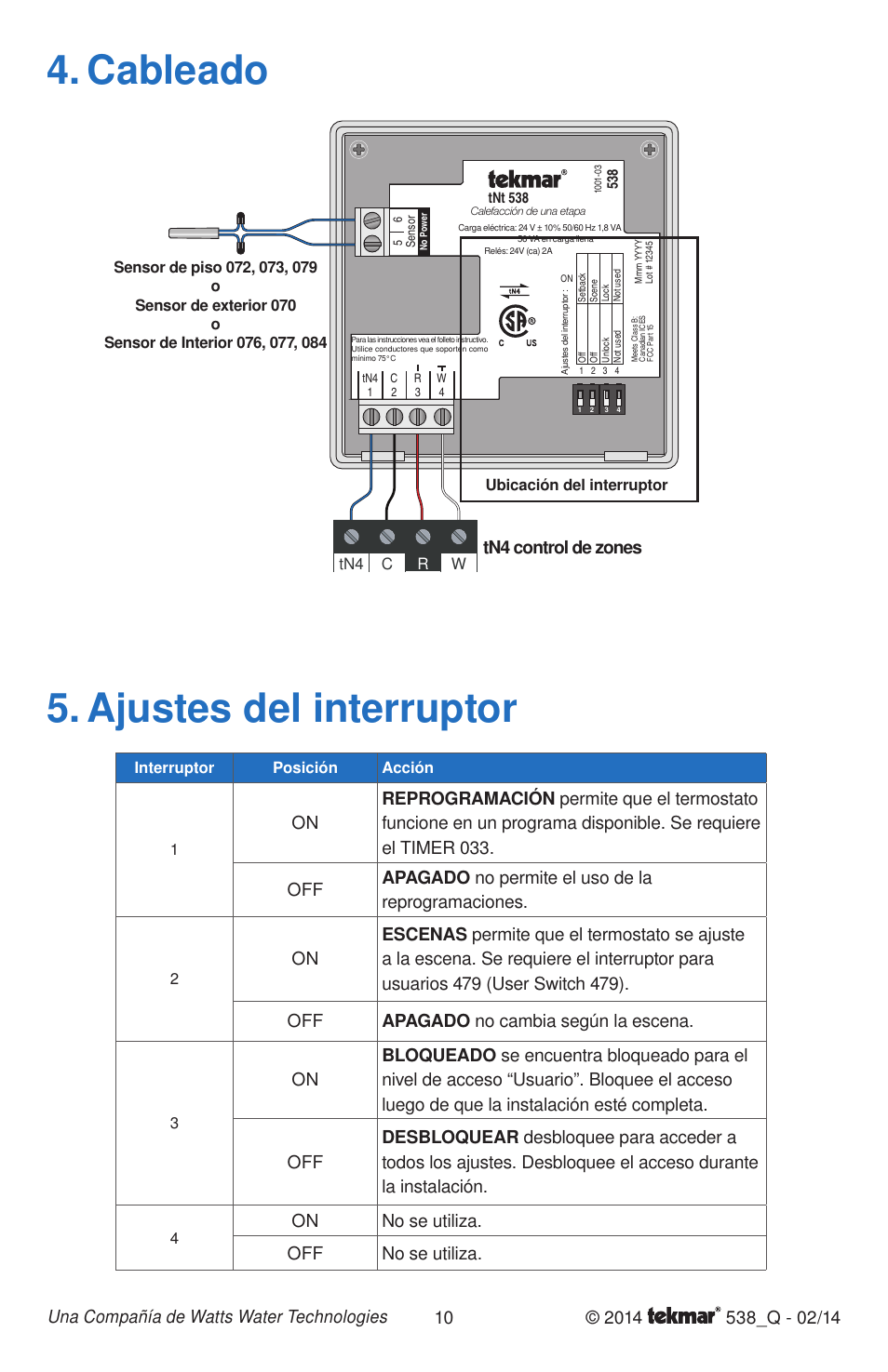 Cableado 5. ajustes del interruptor, On no se utiliza. off no se utiliza, Tn4 control de zones | tekmar 538 Thermostat Quick Start User Manual | Page 10 / 12