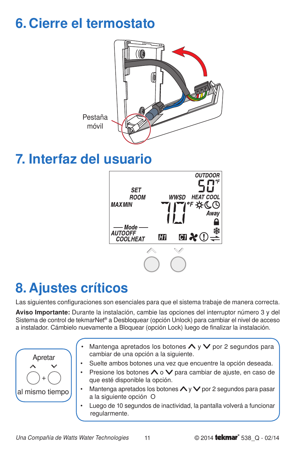 Cierre el termostato, Ajustes críticos, Interfaz del usuario | tekmar 538 Thermostat Quick Start User Manual | Page 11 / 12