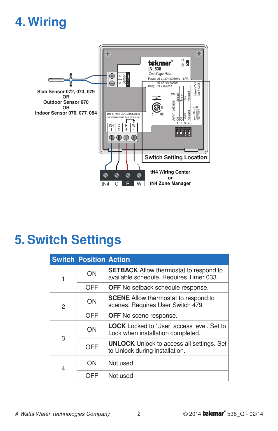 Wiring 5. switch settings, Switch position action, Switch setting location | tekmar 538 Thermostat Quick Start User Manual | Page 2 / 12