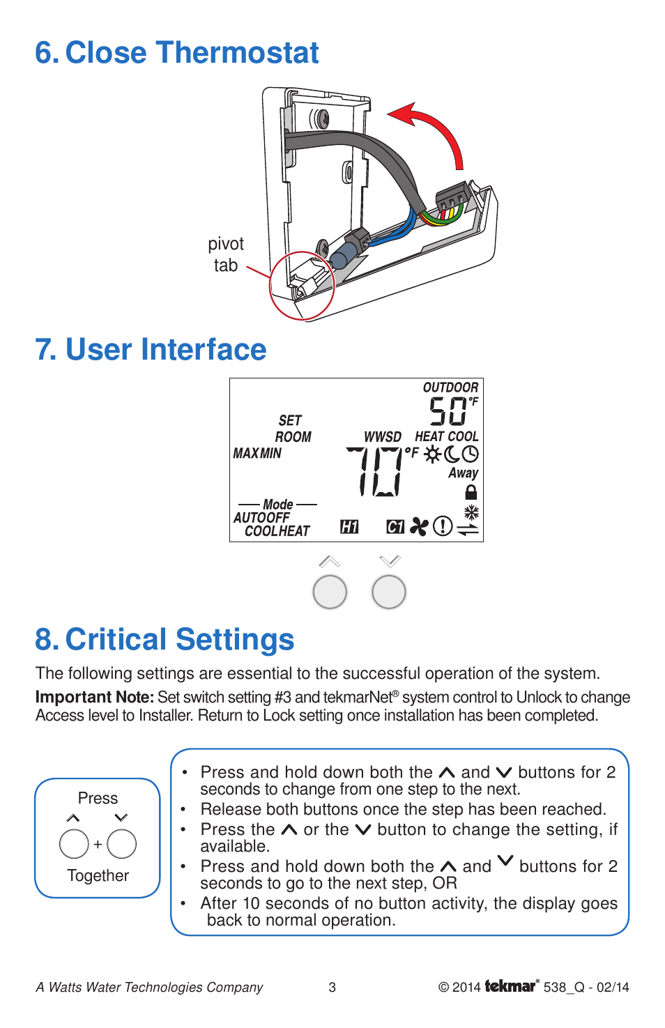 Close thermostat, Critical settings, User interface | tekmar 538 Thermostat Quick Start User Manual | Page 3 / 12