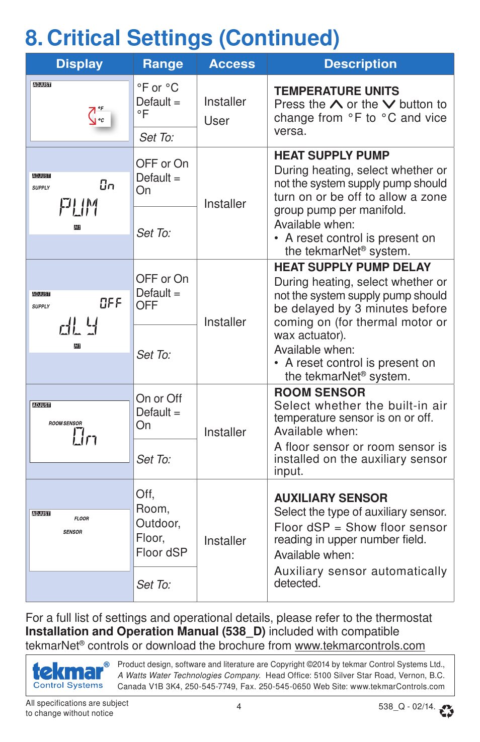 Critical settings (continued) | tekmar 538 Thermostat Quick Start User Manual | Page 4 / 12